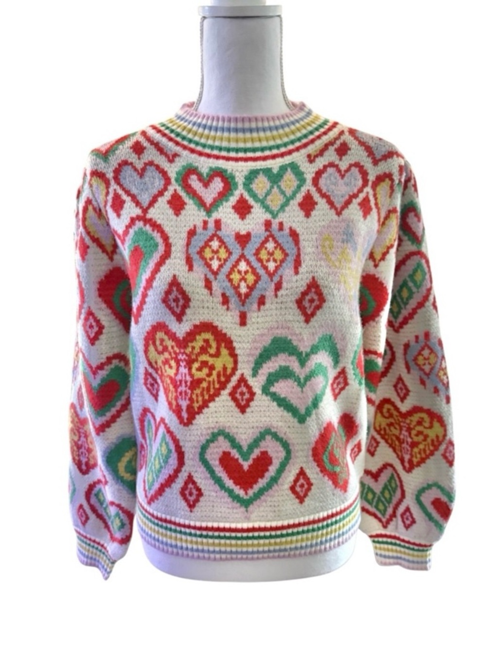 &merci Multicolor Heart Crewneck Knit Sweater Women's Small NWT